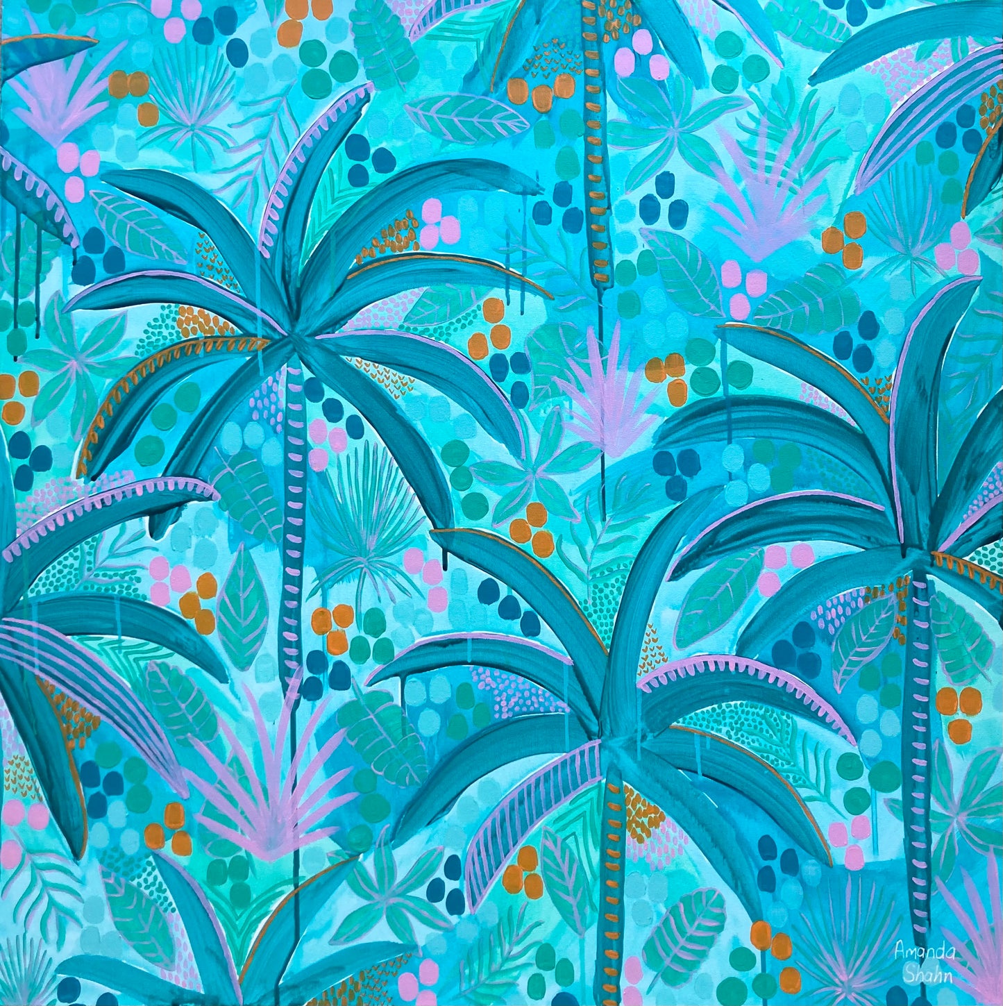 Full photo of Among The Palms artwork featuring palm trees, patterns and tropical plants