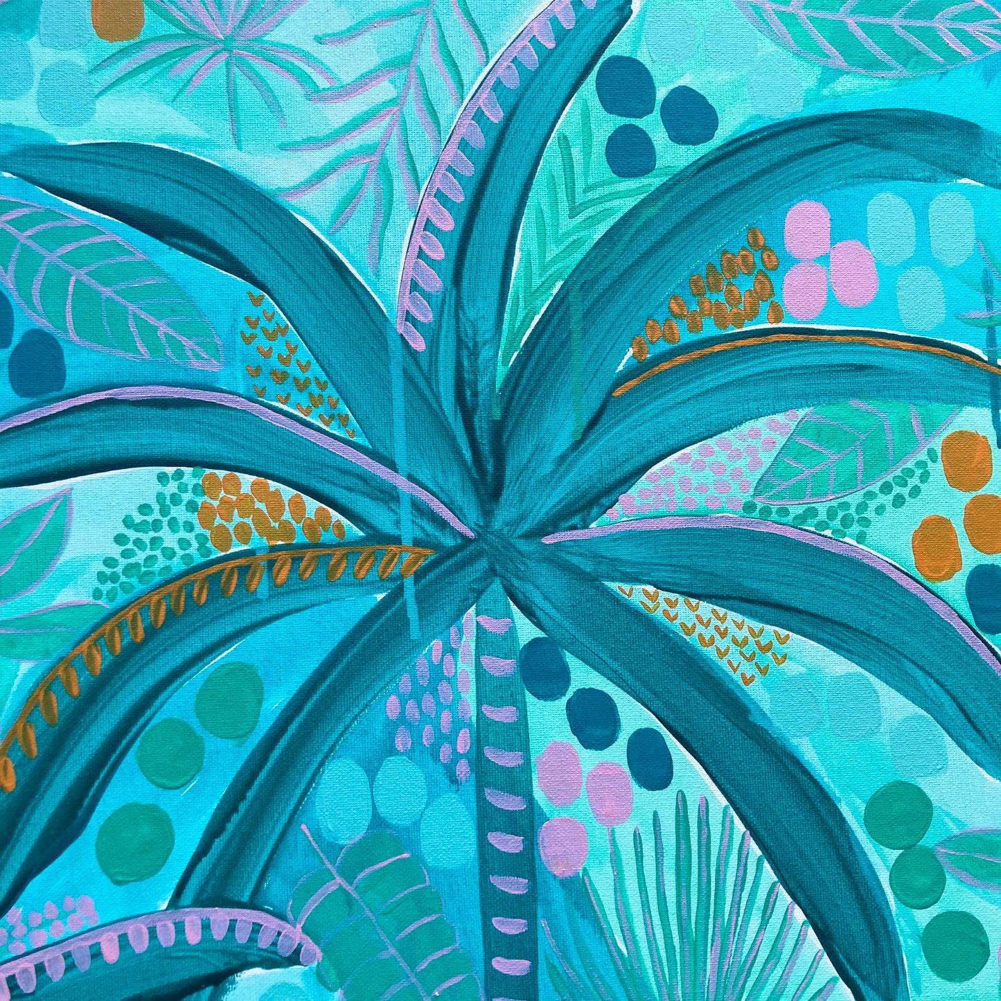 Photo showing a close up of one of the palm trees of Among The Palms original artwork