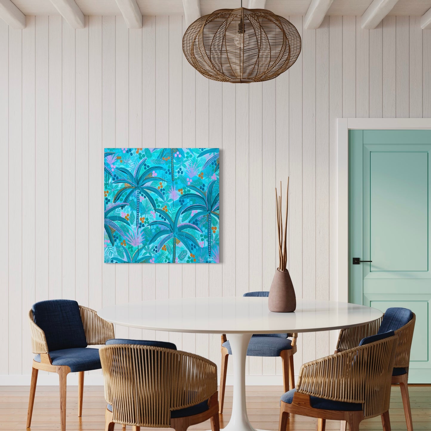 An in situ photo of Among The Palms original artwork shown in a dining room