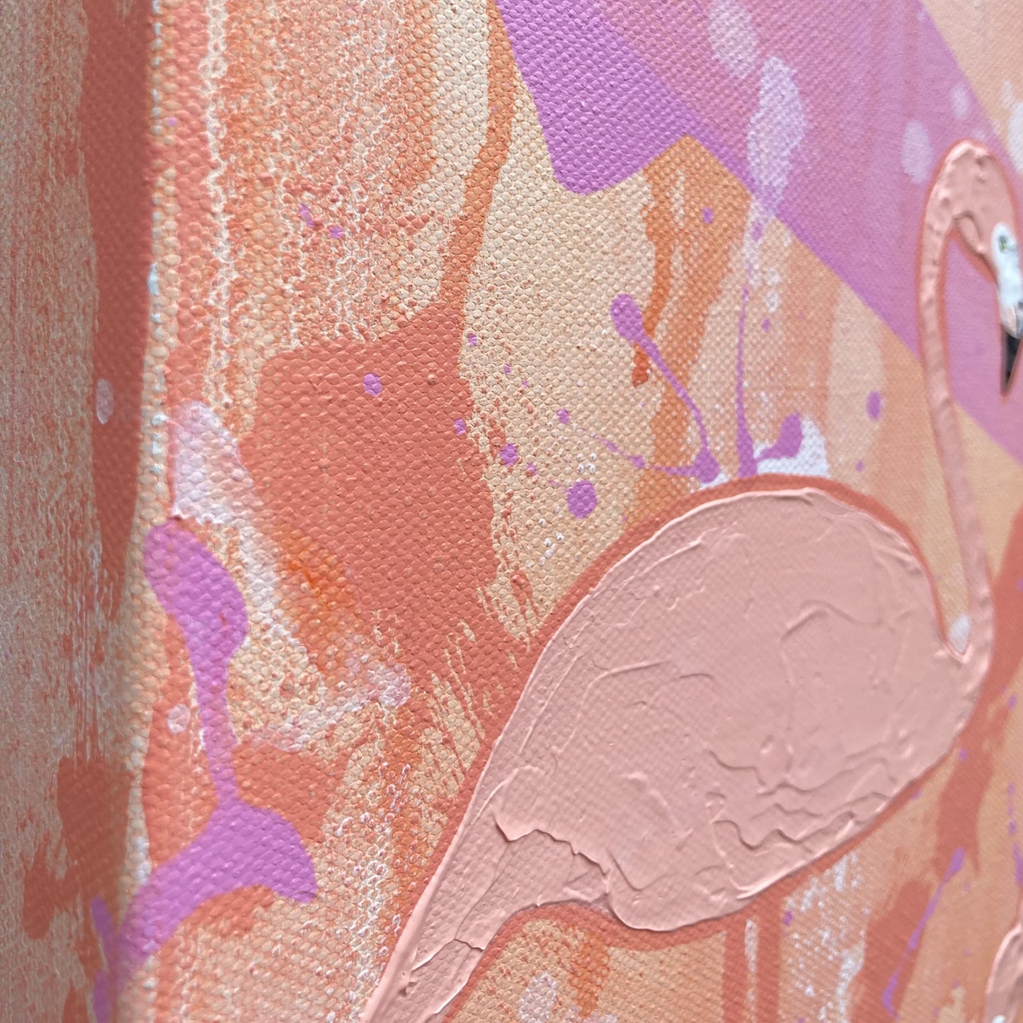 Be a flamingo original artwork showing the painted edges and a close up of the texture of one of the two flamingos
