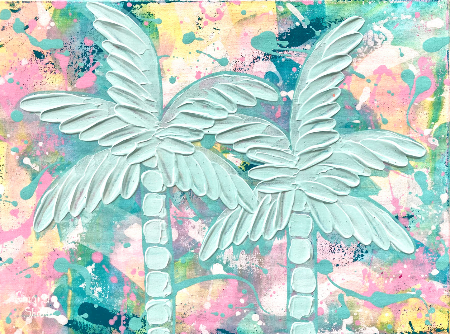 Full view of the textured palm tree painting "Cotton Candy Palms" which features two textured palms trees on a pink, yellow and green abstract background