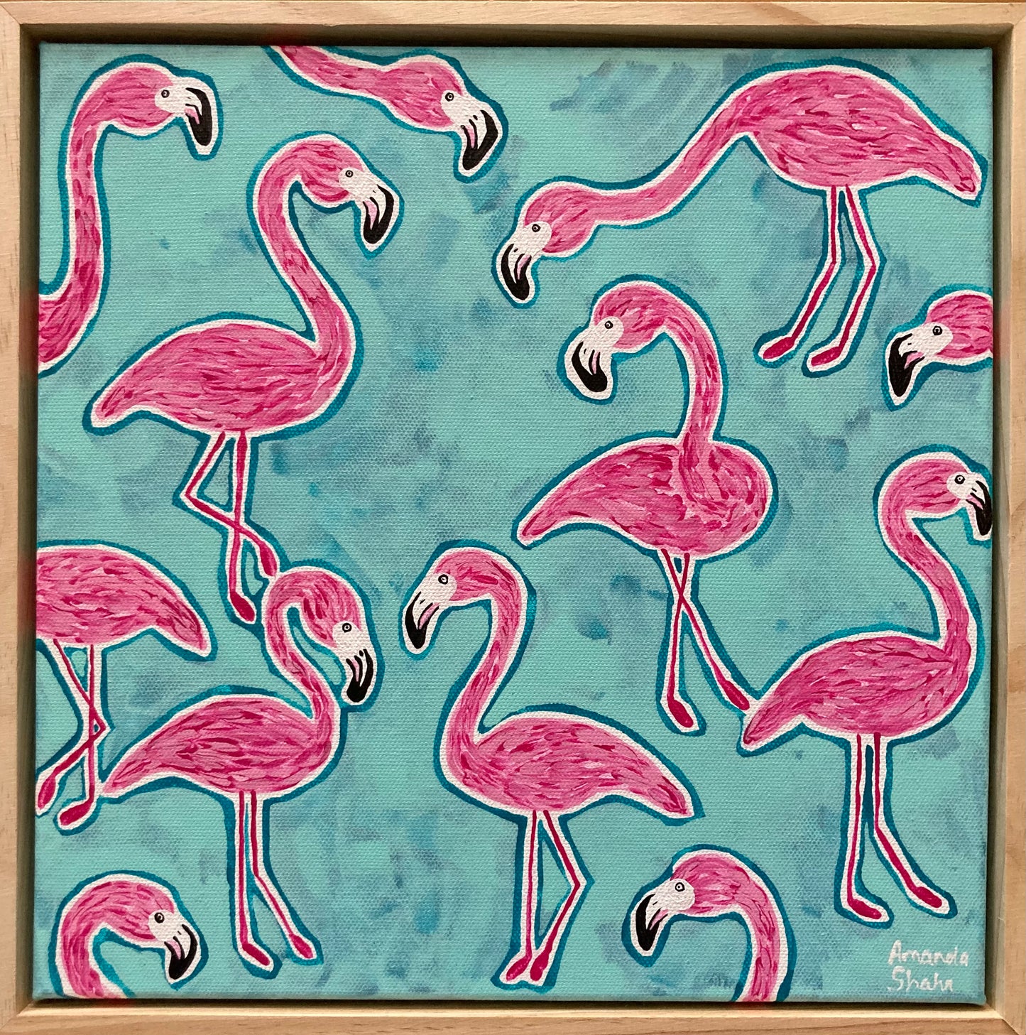 "Flamingos in Green" 30cm x 30cm