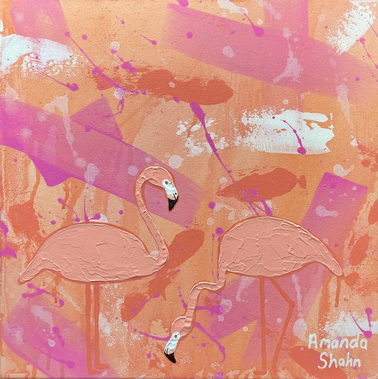 Be a flamingo full photo showing two textured flamingos on an abstract pink and orange background