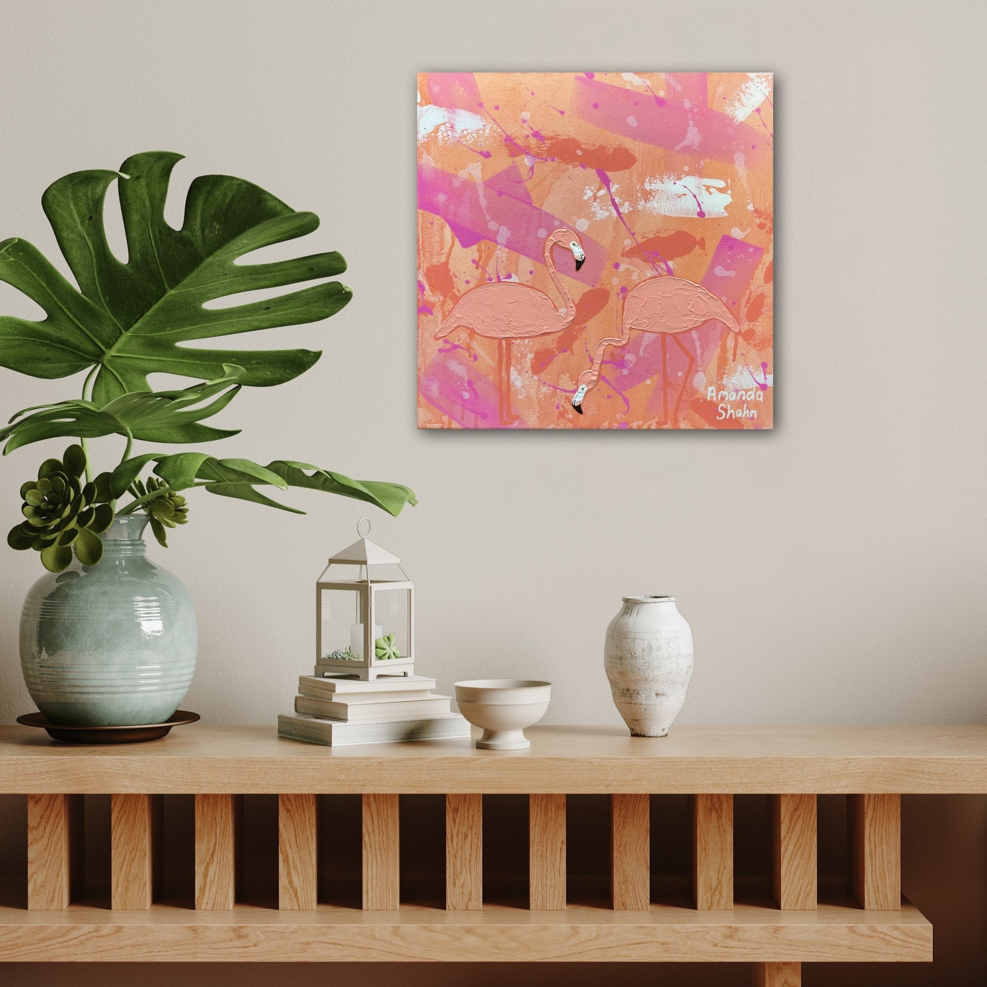 Be a flamingo original textured artwork displayed above a styled sideboard with a coastal theme