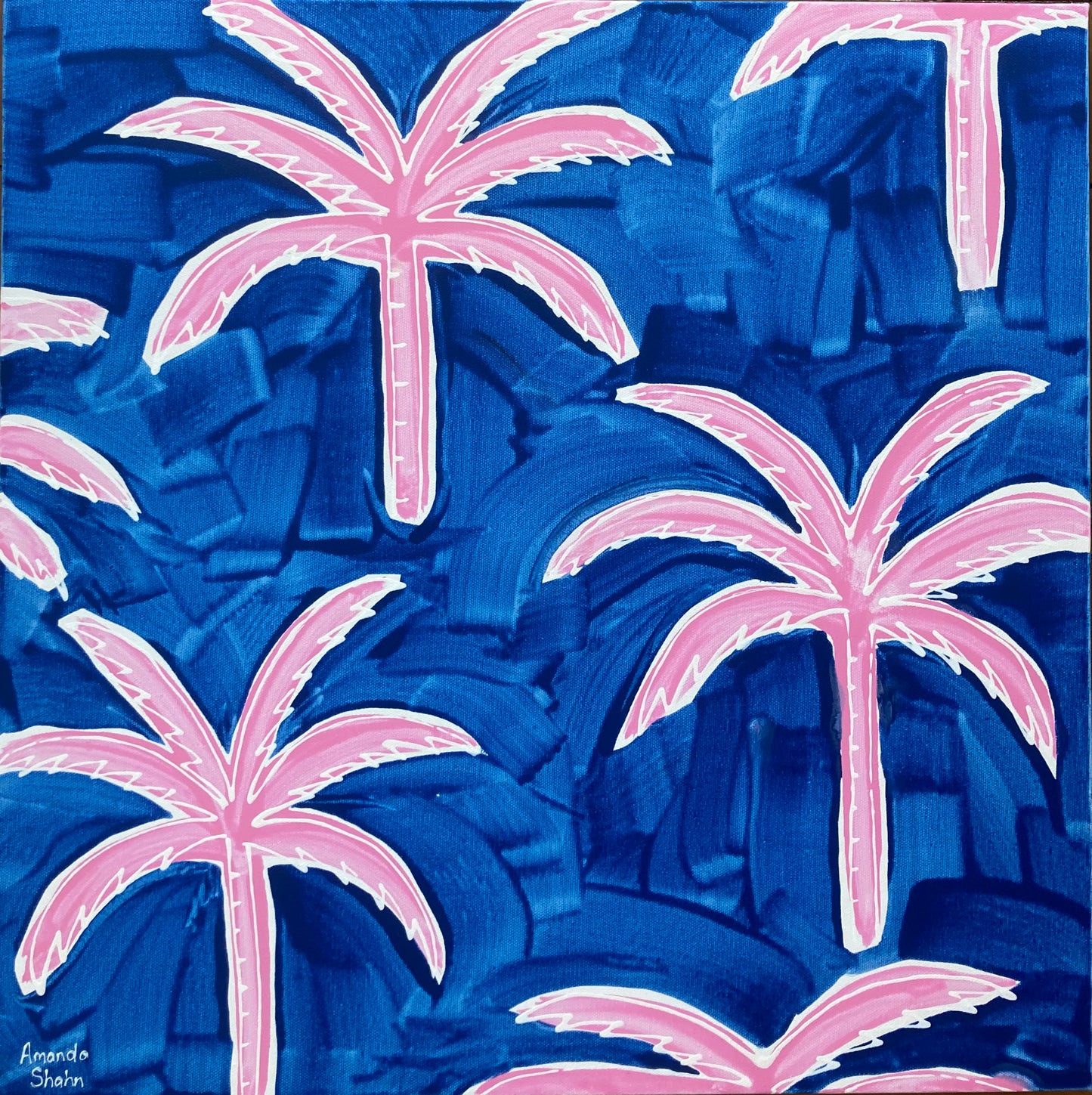 Full view of the original artwork showing brush stroke details with a dark blue background with pink palm trees