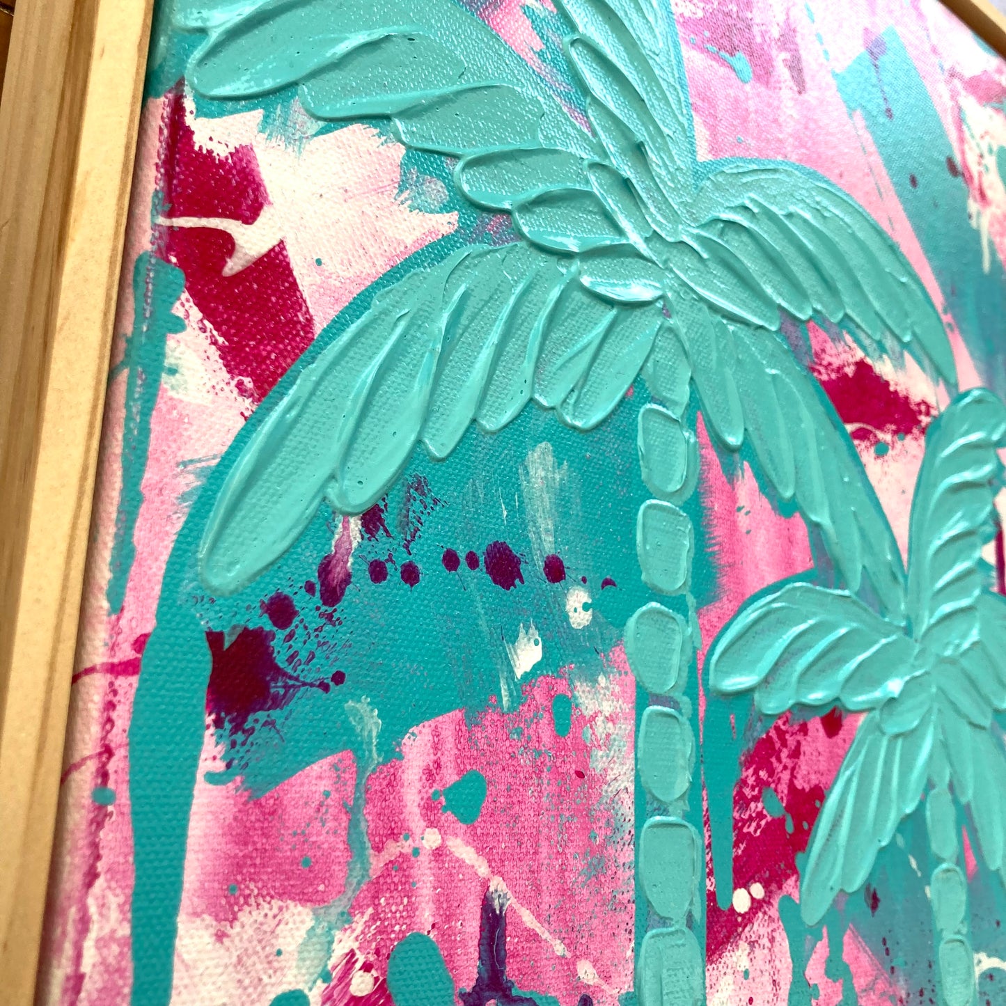 Close up shot of Dreaming Under The Palms showing the texture of the palm trees against an abstract pink and aqua background