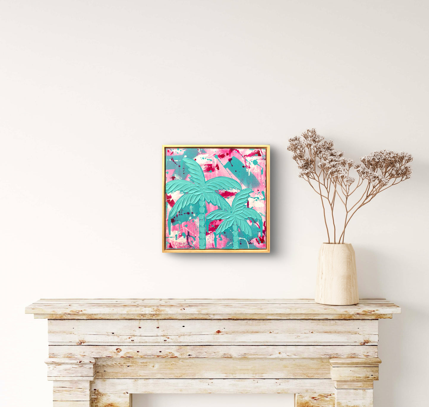 Textured painting Dreaming Under The Palms shown in situ above a wooden mantle