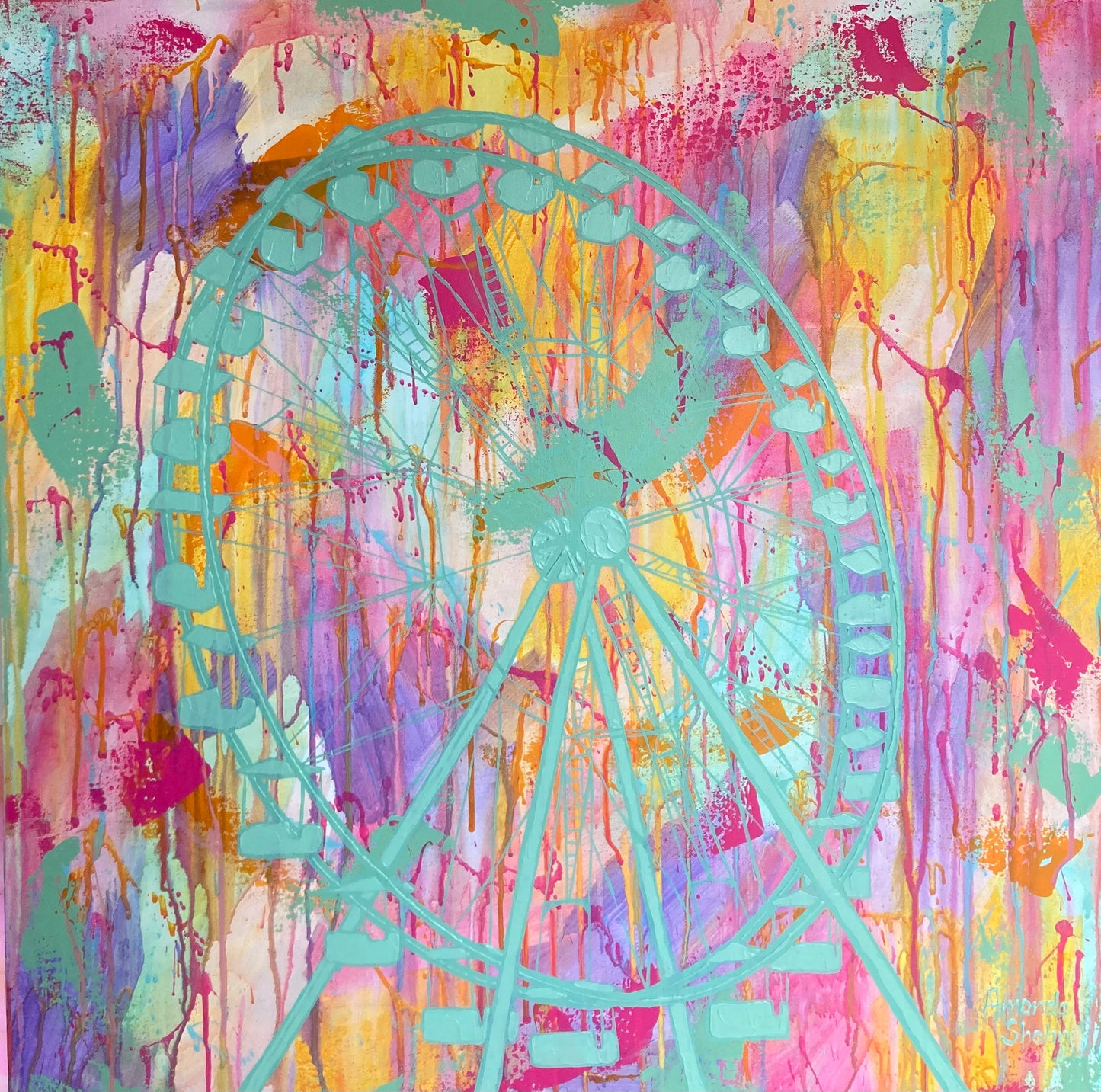 Full view of Ferris Wheel, a textured ferris wheel painting on a colourful abstract background