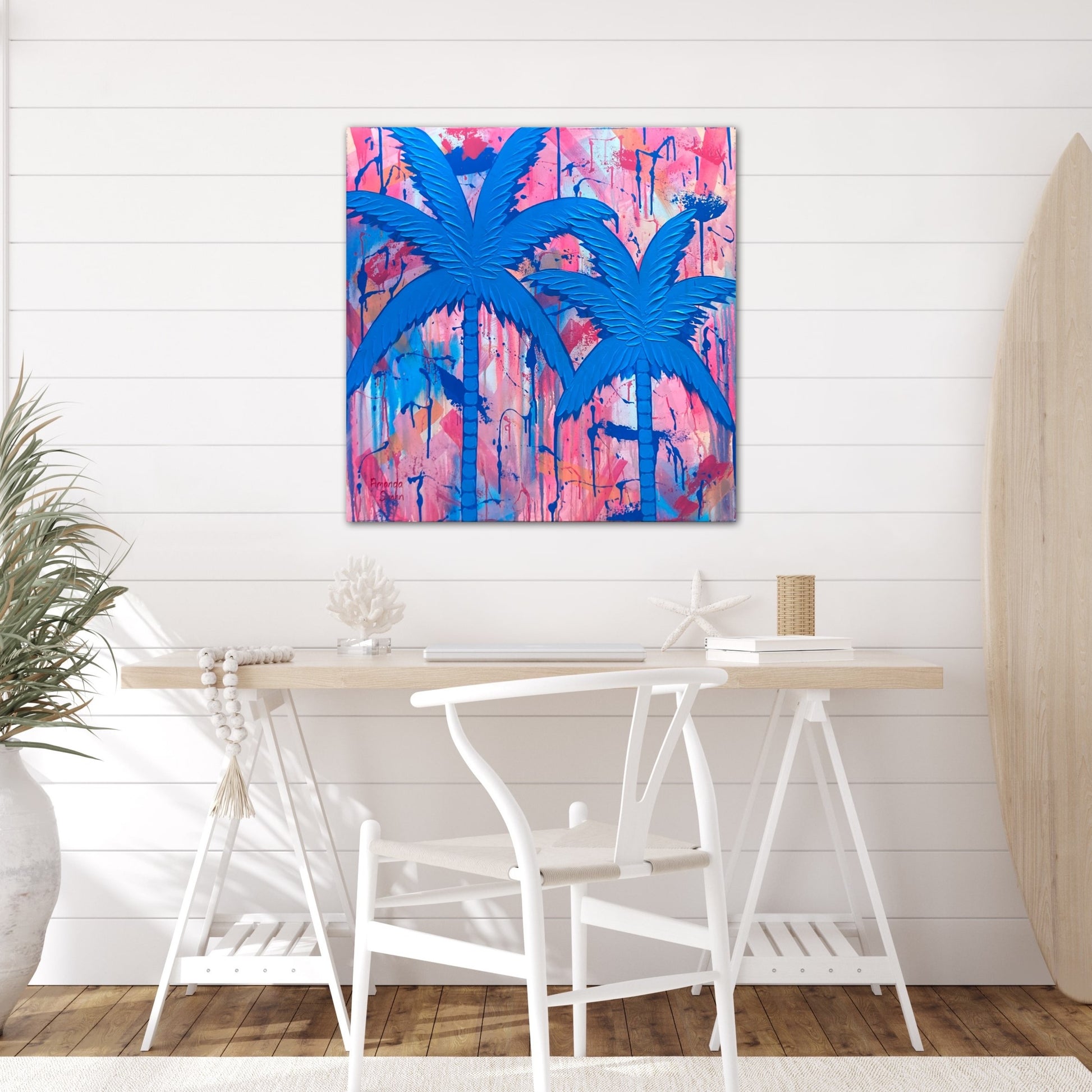 An in situ photo its going to be a good day above a study desk with a coastal decor