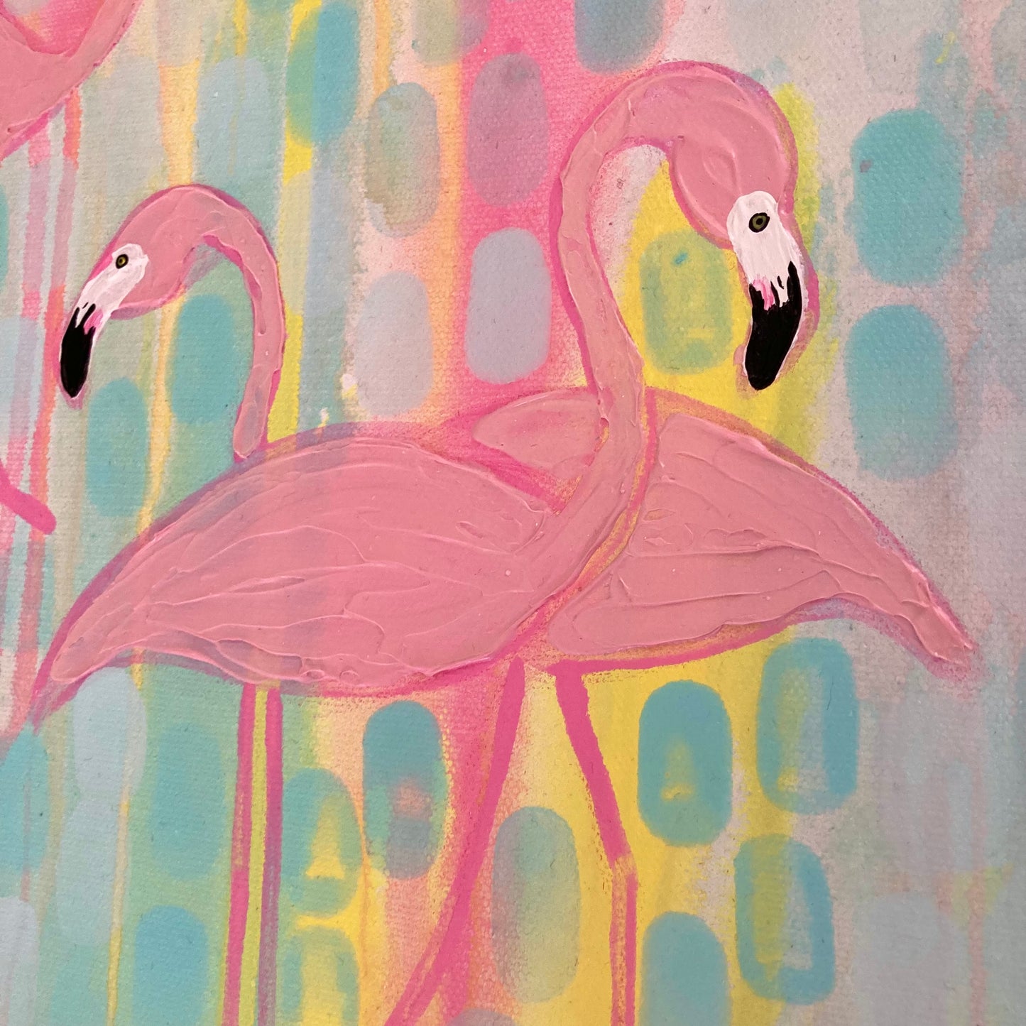 up close photo of two of the flamingos